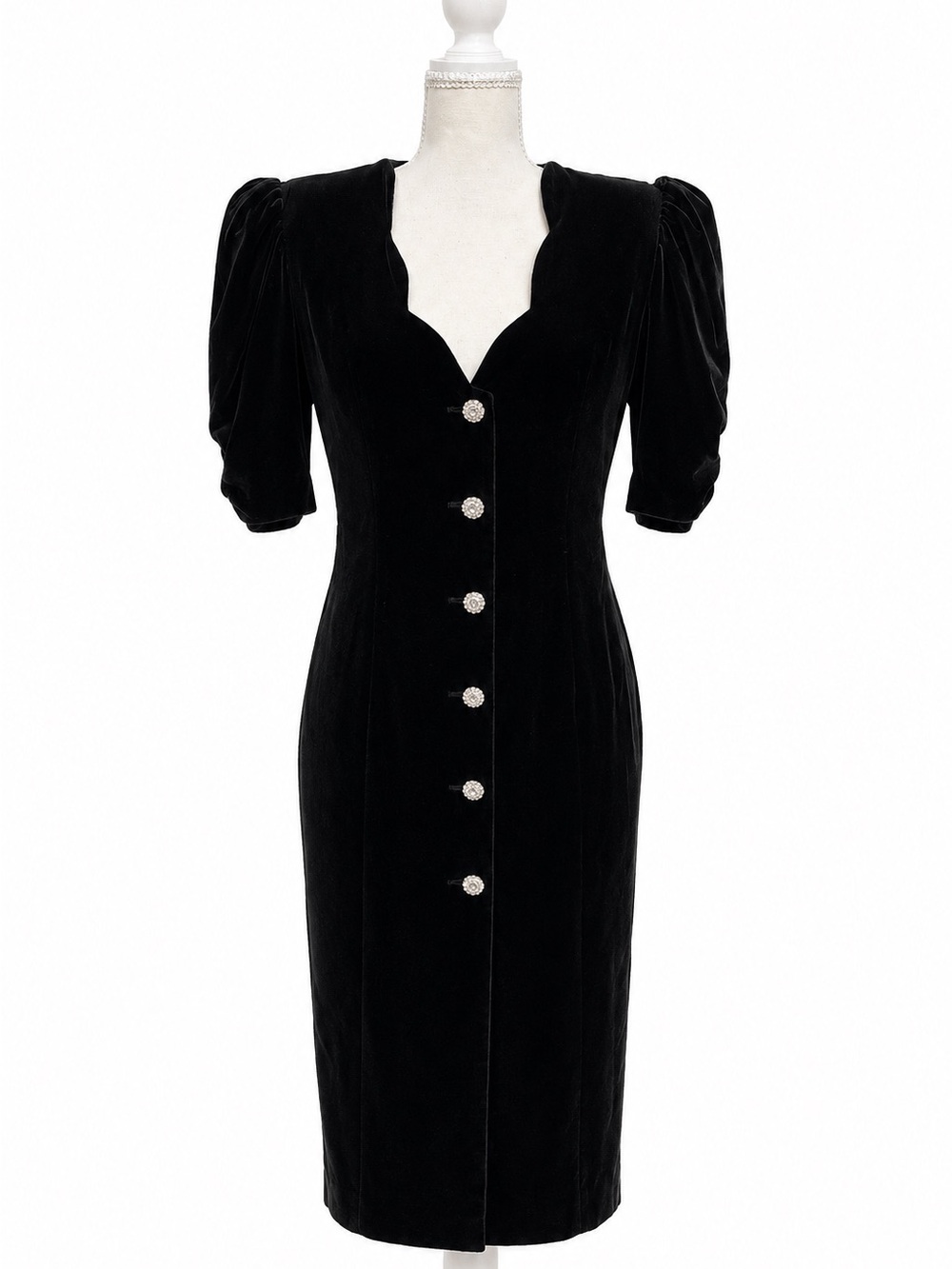 Vintage Karen Lucas Black Velvet Rhinestone Button Dress Size 10